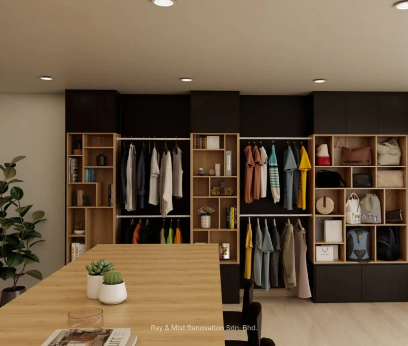 Custom display shelves with clothing racks and open cubbies for apparel and accessories —Project by Ray & Mist Renovation Sdn. Bhd.