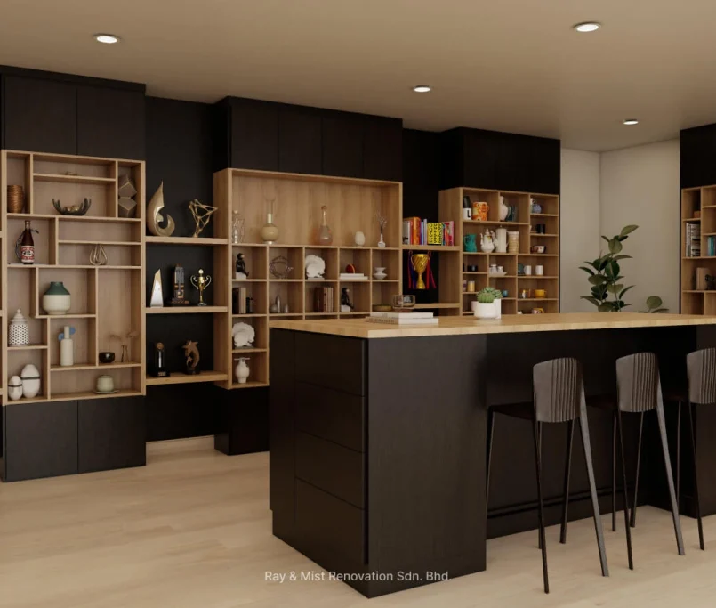 Modern pantry with built-in open shelves and centre island counter for casual seating —Project by Ray & Mist Renovation Sdn. Bhd.