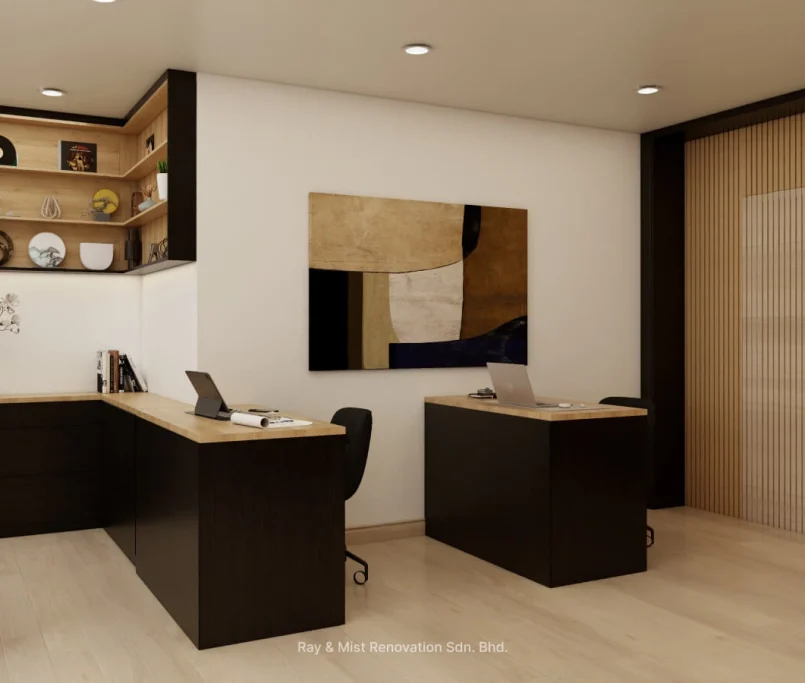 Modern office setup with dual workstations and abstract art on the wall —Project by Ray & Mist Renovation Sdn. Bhd.