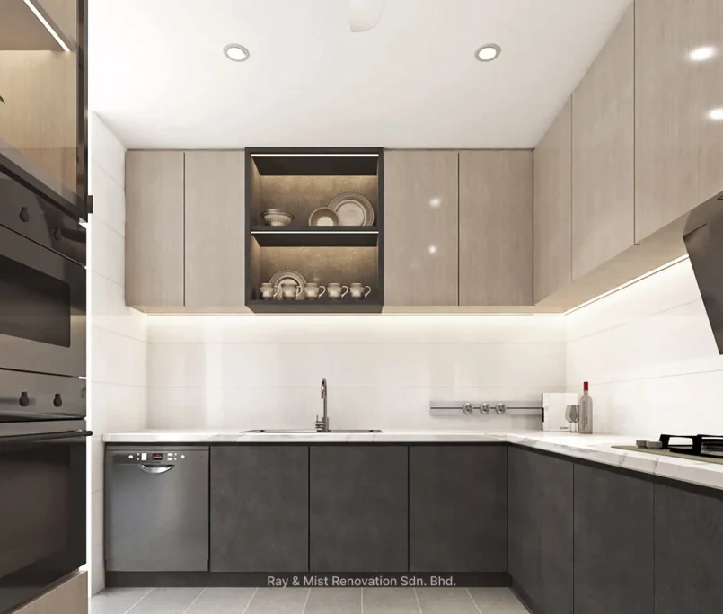 Contemporary U-shaped kitchen with built-in oven, gas stove, upper cabinets, and under-cabinet lighting — Project by Ray & Mist Renovation Sdn. Bhd.