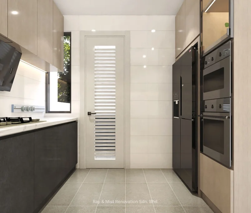 Modern galley kitchen with built-in oven, matte black hood, and minimalist upper cabinets — — Project by Ray & Mist Renovation Sdn. Bhd.