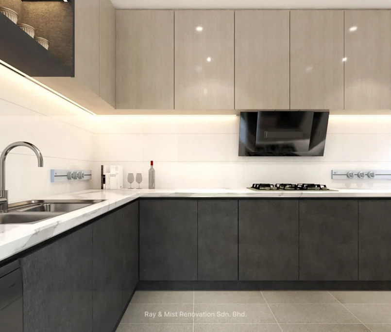 L-shaped modern kitchen with dual sink, black lower cabinets, light wood upper cabinets, and a built-in black hood — Project by Ray & Mist Renovation Sdn. Bhd.