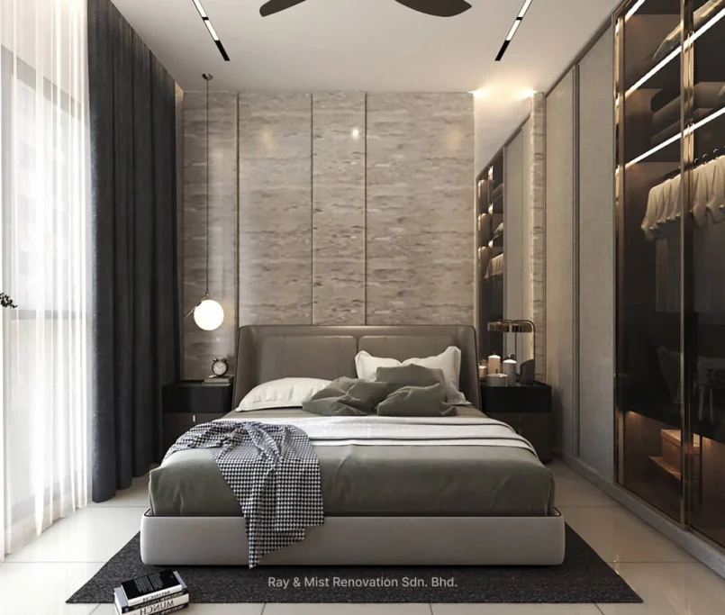 Contemporary bedroom with feature wall, low-profile bed, and glass wardrobe — Project by Ray & Mist Renovation Sdn. Bhd.