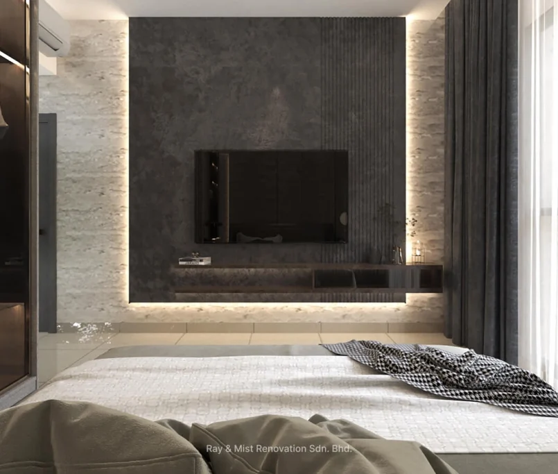 Modern bedroom with dark feature wall, mounted TV, and built-in floating shelf — Project by Ray & Mist Renovation Sdn. Bhd.