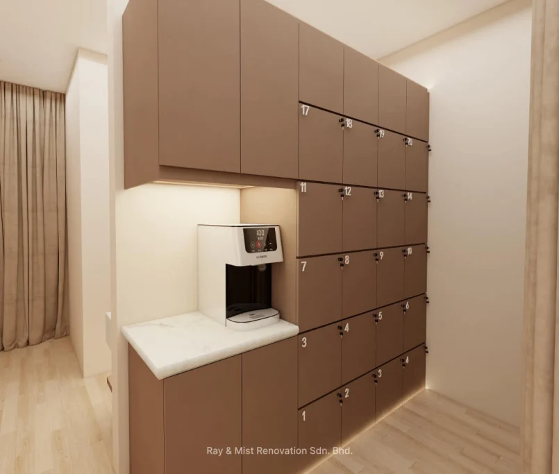 Studio locker area with numbered brown cabinets, built-in water dispenser, and soft curtain backdrop — Project by Ray & Mist Renovation Sdn. Bhd.