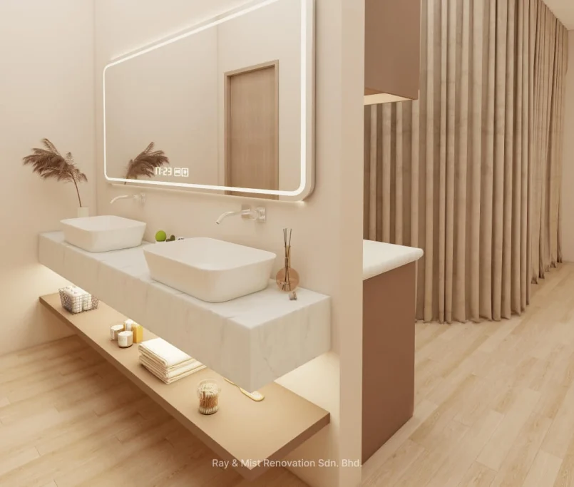 Minimalist vanity area with double sinks, backlit mirror, marble countertop, and warm wood flooring — Project by Ray & Mist Renovation Sdn. Bhd.