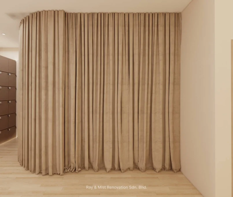 Soft curtain partition with warm wood flooring and a glimpse of locker cabinets — Project by Ray & Mist Renovation Sdn. Bhd.