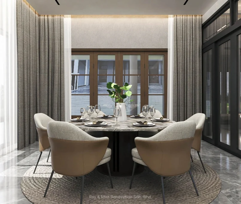 Elegant dining area with round marble-top table, upholstered beige chairs, floor-to-ceiling curtains, and polished stone flooring — interior design by Ray & Mist Design Sdn. Bhd.