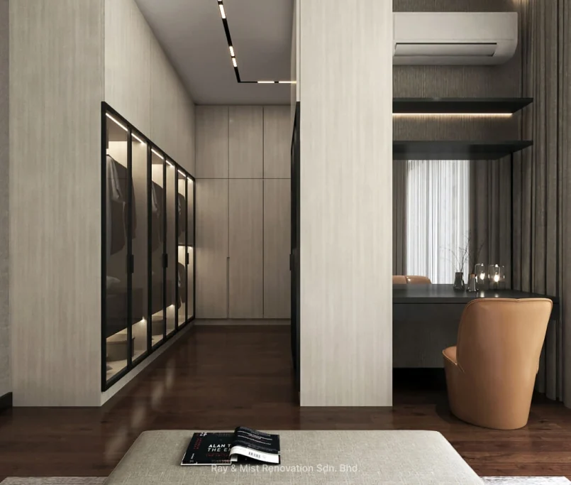 Walk-in wardrobe with glass-front cabinets and built-in vanity area beside full-height curtains — Project by Ray & Mist Renovation Sdn. Bhd.