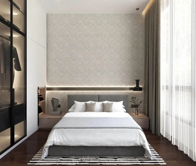 Modern bedroom with patterned feature wall, grey upholstered bed, glass wardrobe, and full-length curtains — Project by Ray & Mist Renovation Sdn. Bhd.