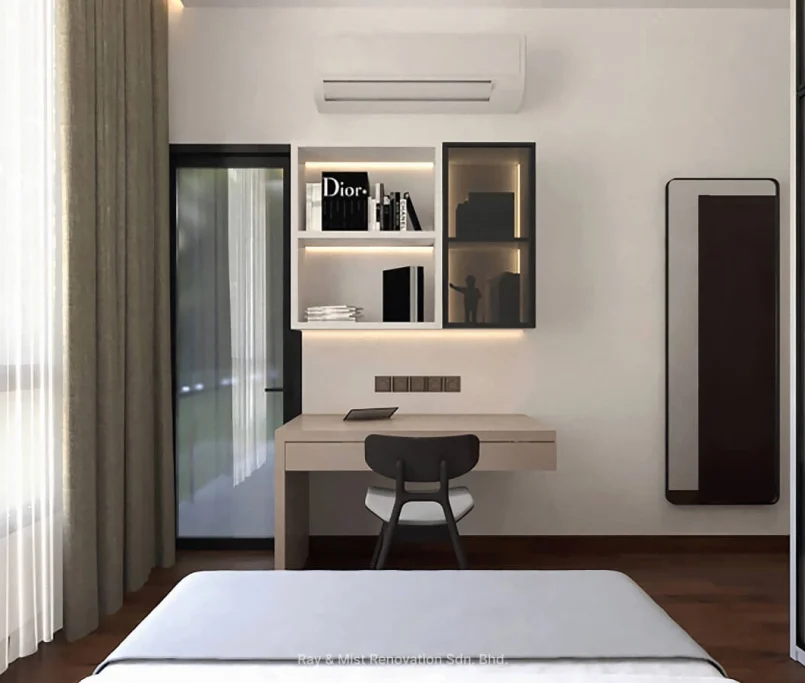 Minimalist bedroom workspace with floating shelves, wall-mounted air conditioner, and glass wardrobe — Project by Ray & Mist Renovation Sdn. Bhd.