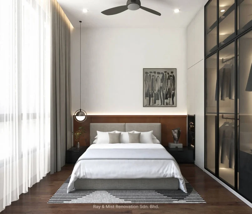 Minimalist bedroom with upholstered bed, glass wardrobe, feature artwork, and pendant lighting — Project by Ray & Mist Renovation Sdn. Bhd.