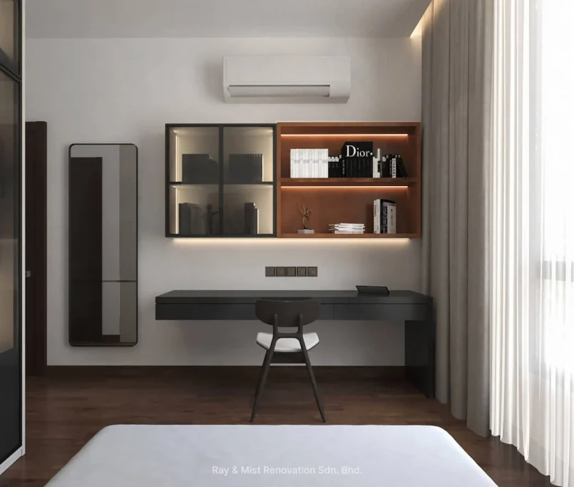 Contemporary bedroom workspace with floating desk, illuminated wall shelves, and full-length curtains — Project by Ray & Mist Renovation Sdn. Bhd.