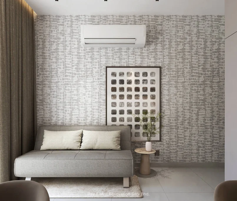 Small lounge area with light grey bench seat, patterned wallpaper, framed abstract artwork, and indoor plant — Project by Ray & Mist Renovation Sdn. Bhd.
