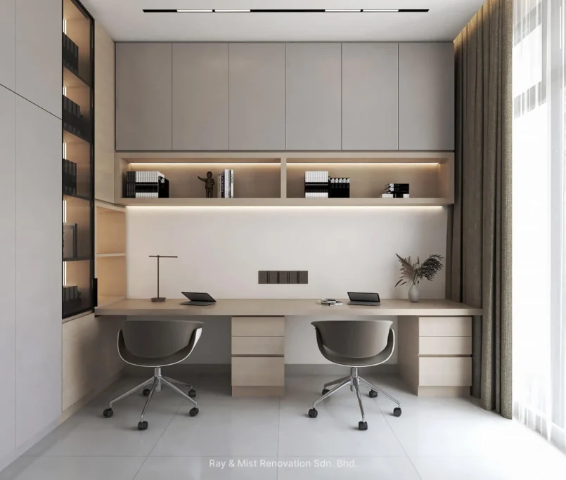 Minimalist double workspace with built-in shelves, neutral cabinetry, and large windows with sheer curtains — Project by Ray & Mist Renovation Sdn. Bhd.