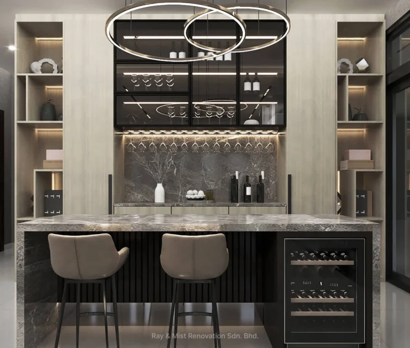 Luxury home bar with marble countertop island, integrated wine chiller, glass display shelves, and ambient lighting — Project by Ray & Mist Renovation Sdn. Bhd.