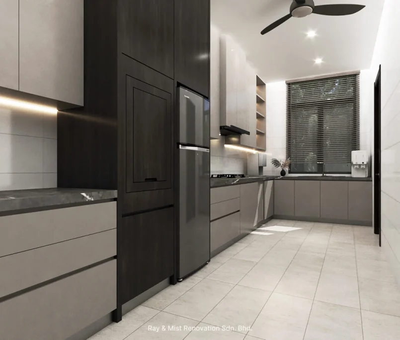 Contemporary galley kitchen with built-in appliances, matte cabinetry, under-cabinet lighting, and minimalist design — Project by Ray & Mist Renovation Sdn. Bhd.