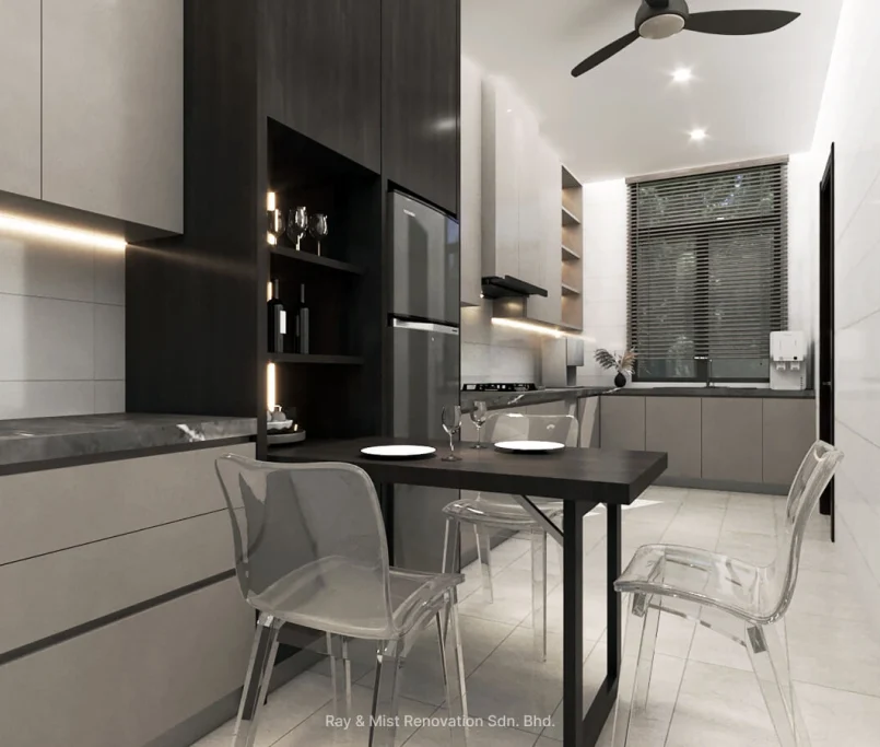 Modern kitchen with fold-out dining table, acrylic chairs, matte cabinets, and integrated shelving — Project by Ray & Mist Renovation Sdn. Bhd.