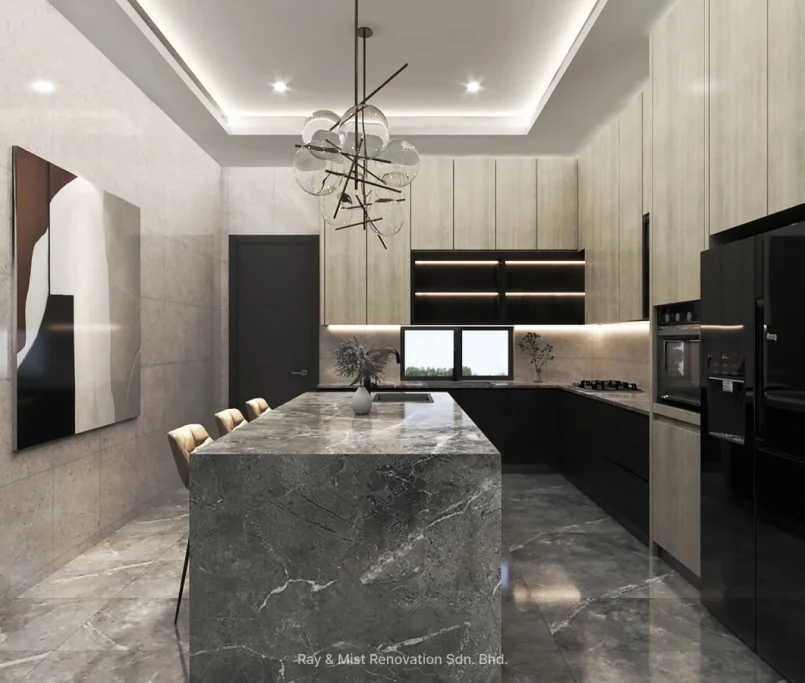 Modern luxury kitchen with large grey marble island, light wood cabinetry, built-in black appliances, and sculptural pendant lighting — Project by Ray & Mist Renovation Sdn. Bhd.