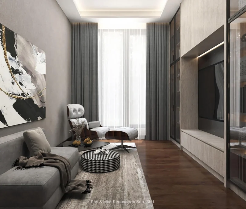 Contemporary lounge with grey sofa, leather recliner, built-in media wall, and full-height curtains — Project by Ray & Mist Renovation Sdn. Bhd.