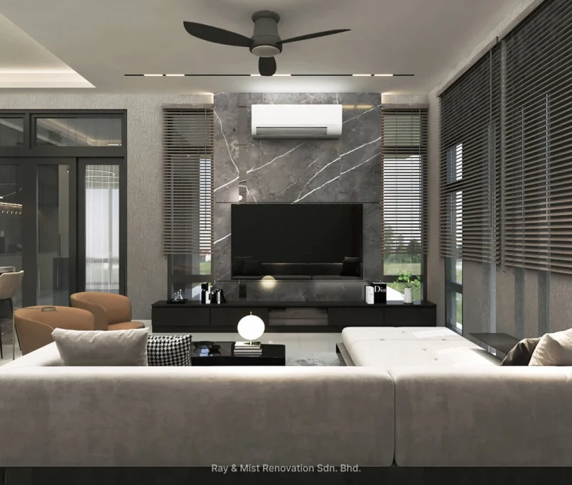 Contemporary living room with L-shaped sofa, marble TV feature wall, ceiling fan, and floor-to-ceiling windows — Project by Ray & Mist Renovation Sdn. Bhd.