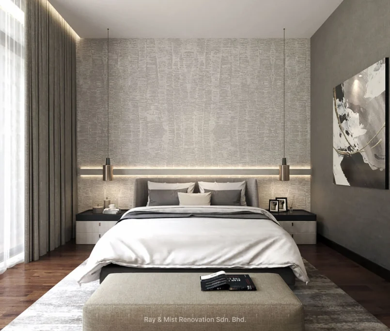 Modern bedroom with textured feature wall, pendant lights, full-length curtains, and neutral-toned bedding — Project by Ray & Mist Renovation Sdn. Bhd.
