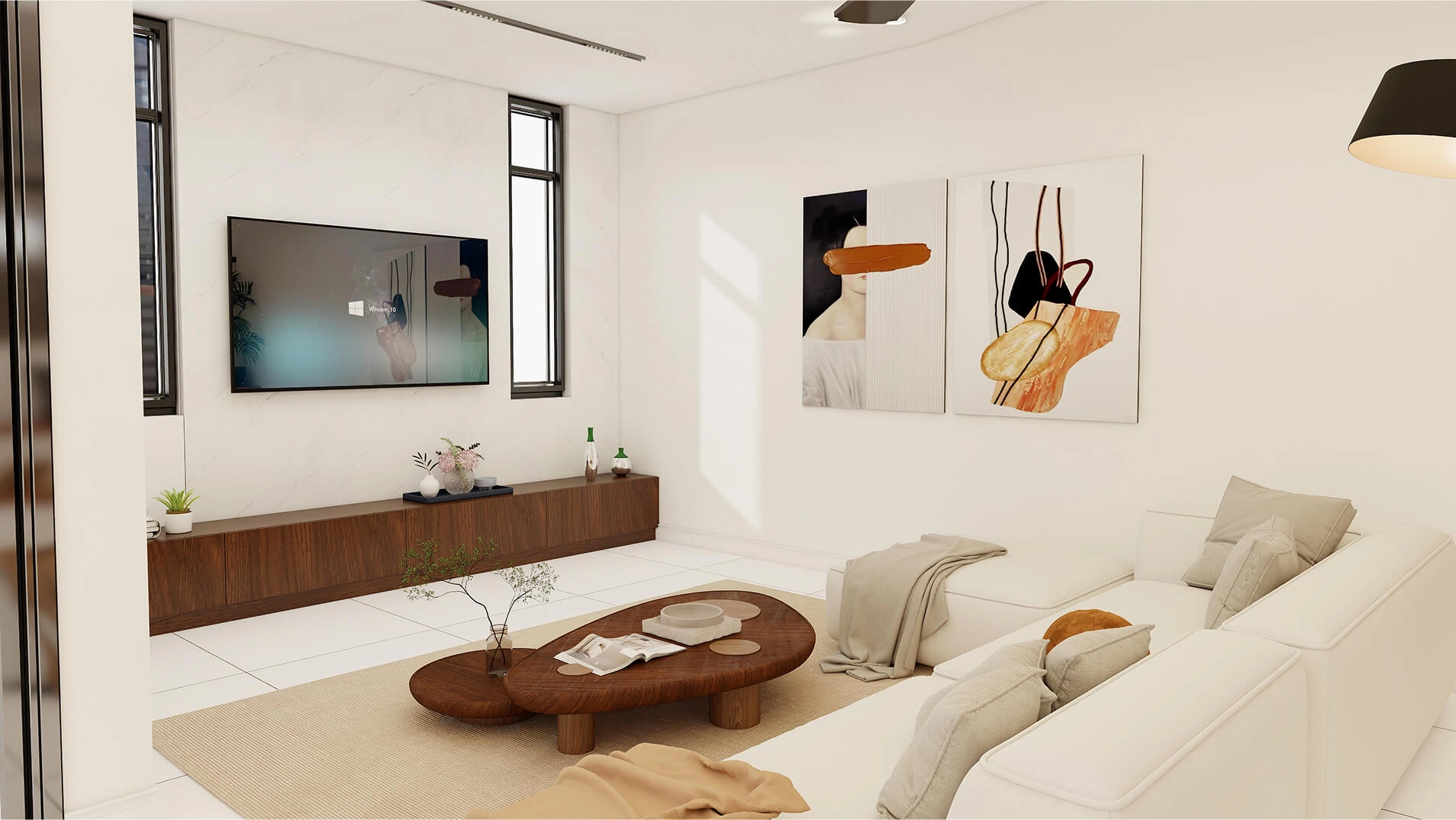 Modern minimalist living room with white sofa, wood coffee table, and wall-mounted TV — Project by Ray & Mist Renovation Sdn. Bhd.