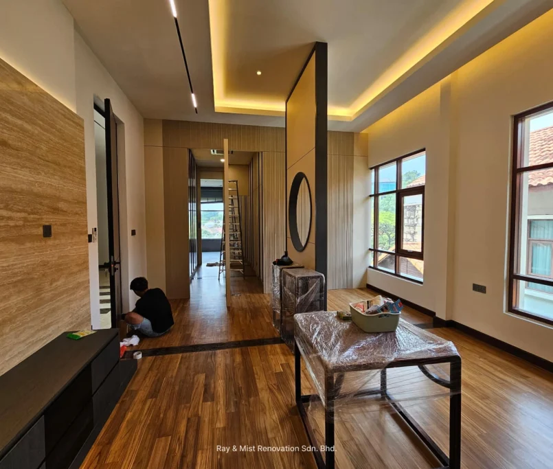Modern interior hallway with wooden flooring, large windows, and recessed ceiling lights — Project by Ray & Mist Renovation Sdn. Bhd.